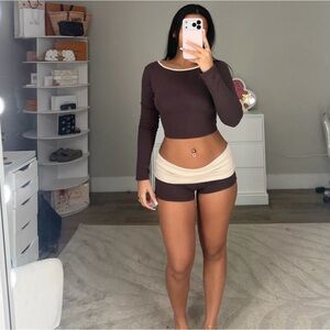 FashionNova Chill Mode Long Sleeve Foldover Waistband Short Set